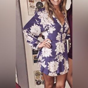 Free People Floral Purple Long Sleeve Collared Tunic